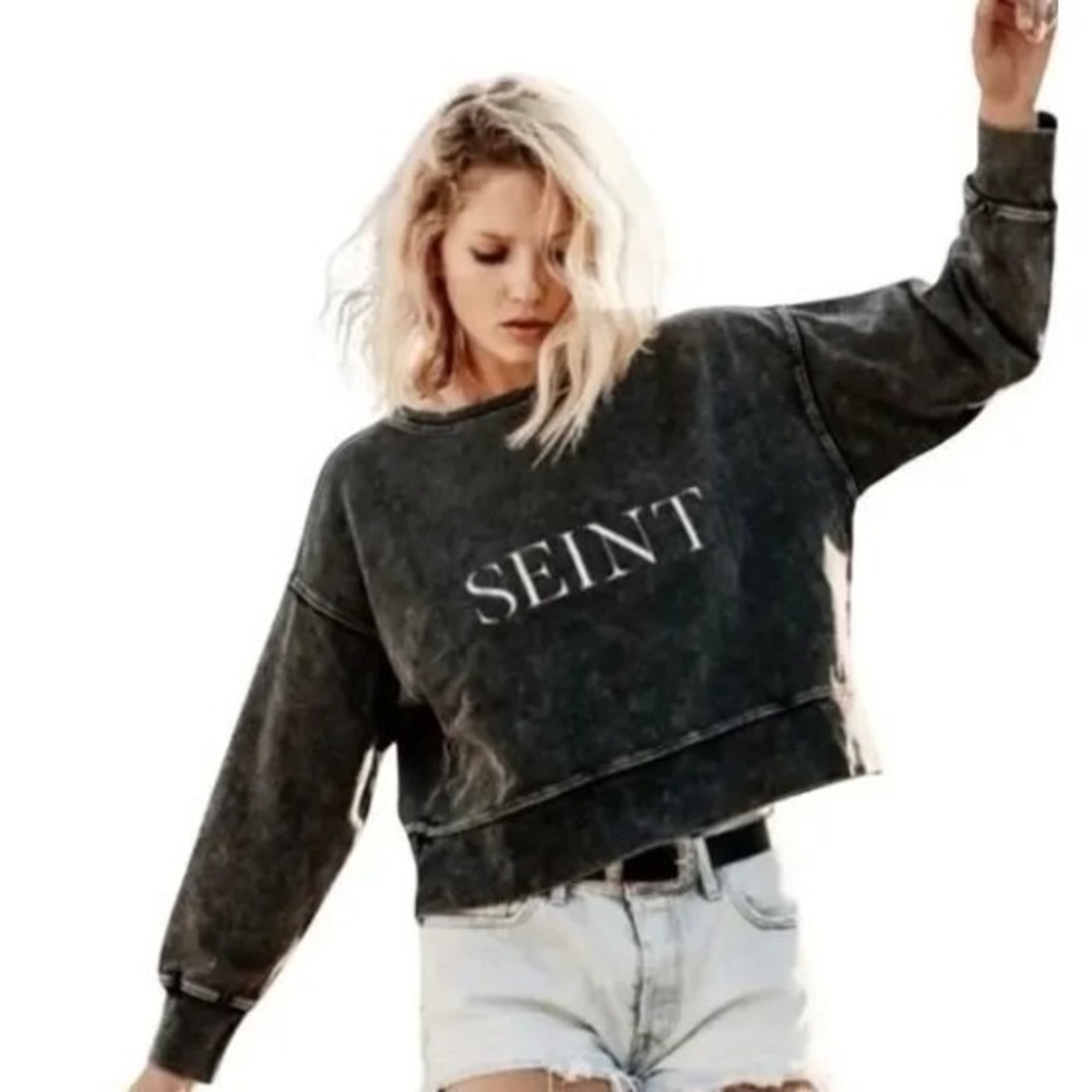 SEINT‎ Womens Acid Wash Cropped Sweatshirt XL Gray NWT